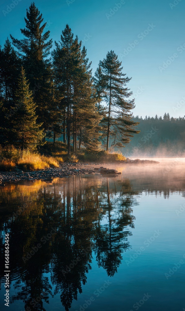 Obraz premium Misty lake sunrise with reflections of trees