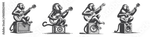Vintage Hand-Drawn Baboon Playing Guitar Sitting on Speaker Illustration, Primate Animal Engraved Vector for Funny Rock Theme and T-Shirt Design