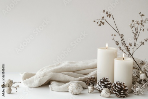Cozy Christmas background in neutral tones with festive decor. Scandinavian hygge style ideal for greeting cards, templates, and winter branding.