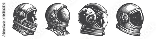 Vintage Hand-Drawn Astronaut Head Side Portrait Illustration, Space Explorer Engraved Vector for Sci-Fi and T-Shirt Design