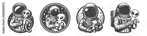 Vintage Hand-Drawn Astronaut Holding Alien Plush Toy Illustration, Space Explorer Engraved Vector for Sci-Fi and T-Shirt Design