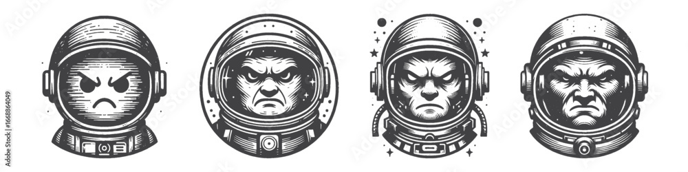 Obraz premium Vintage Hand-Drawn Astronaut with Angry Face Illustration, Space Explorer Engraved Vector for Sci-Fi and T-Shirt Design
