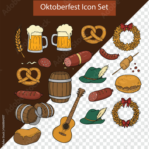 Oktoberfest themed icons featuring beer pretzels and german culture doodles style icon set