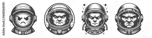 Vintage Hand-Drawn Astronaut with Angry Face Illustration, Space Explorer Engraved Vector for Sci-Fi and T-Shirt Design