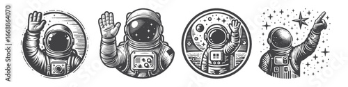 Vintage Hand-Drawn Astronaut Pointing at Stars Illustration, Space Explorer Engraved Vector for Sci-Fi and T-Shirt Design