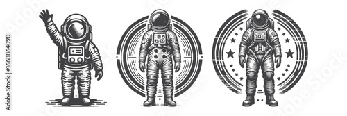 Vintage Hand-Drawn Astronaut Waving Happily Illustration, Space Explorer Engraved Vector for Sci-Fi and T-Shirt Design