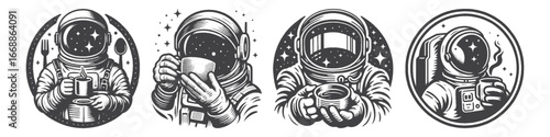 Vintage Hand-Drawn Astronaut Drinking Coffee in Space Illustration, Space Explorer Engraved Vector for Sci-Fi and T-Shirt Design