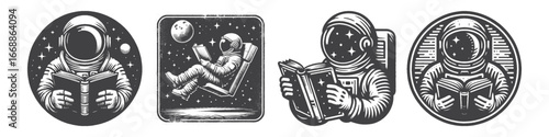 Vintage Hand-Drawn Astronaut Reading Book in Zero Gravity Illustration, Space Explorer Engraved Vector for Sci-Fi and T-Shirt Design