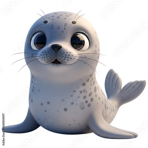 A charming 3D cartoon seal with large, expressive eyes and a gentle smile, featuring a smooth gray body with spotted patterns. Perfect for children's media, animations, or playful design projects.