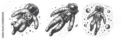 Vintage Hand-Drawn Astronaut Floating in Space Illustration, Space Explorer Engraved Vector for Sci-Fi and T-Shirt Design