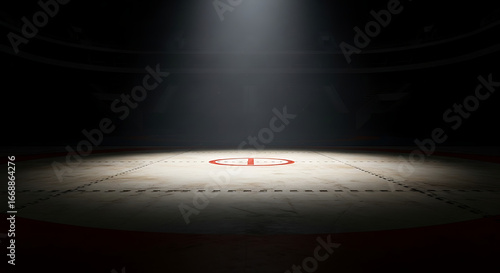 Dramatic spotlight illuminates wrestling arena, perfect for sports action and competitive strength concepts