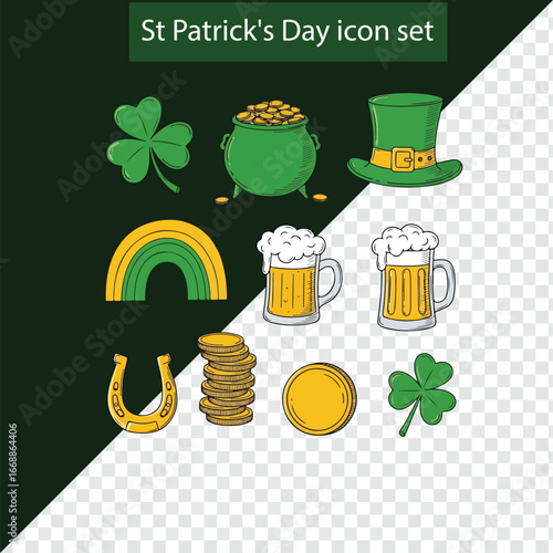St patrick's day themed icon set with clovers, gold, and beer mugs doodles style icon set