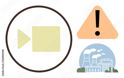Camera icon inside circle, triangular caution sign with exclamation mark, and industrial factory with chimneys. Ideal for industrial safety, surveillance, pollution, technology, caution, risk
