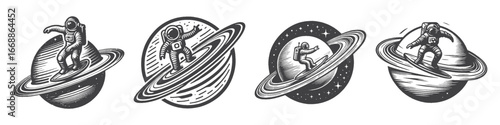 Vintage Hand-Drawn Astronaut Surfing on Saturn’s Rings Illustration, Space Explorer Engraved Vector for Sci-Fi and T-Shirt Design