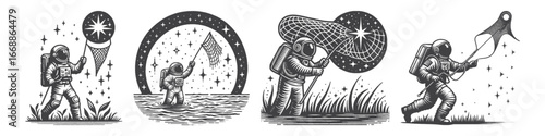 Vintage Hand-Drawn Astronaut Catching Shooting Star Illustration, Cosmic Space Engraved Vector for Fantasy and T-Shirt Design