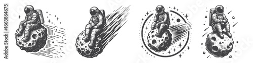 Vintage Hand-Drawn Astronaut Sitting on a Meteor Illustration, Cosmic Space Engraved Vector for Fantasy and T-Shirt Design