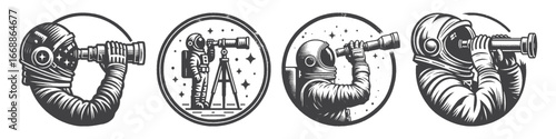 Vintage Hand-Drawn Astronaut Looking Through Telescope Illustration, Cosmic Space Engraved Vector for Stargazing and T-Shirt Design