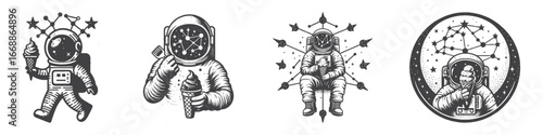 Vintage Hand-Drawn Astronaut with Ice Cream Constellation Illustration, Cosmic Space Engraved Vector for Fantasy and T-Shirt Design