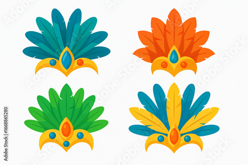 Brazilian carnival headpieces flat vector design jewels feathers
