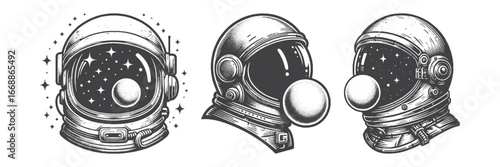 Vintage Hand-Drawn Astronaut with Bubblegum Popped in Helmet Illustration, Space Explorer Engraved Vector for Funny Sci-Fi and T-Shirt Design