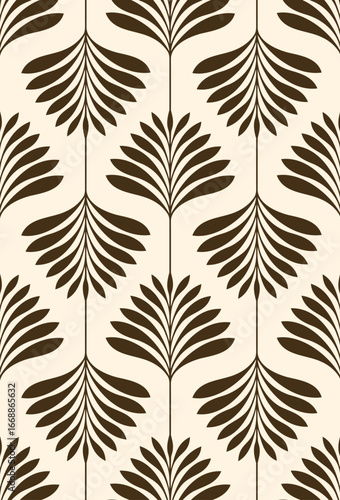 Seamless palm leaf pattern in brown and cream. Elegant botanical vector background for wallpaper, fabric, and packaging.
