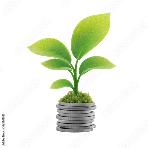 Green sprout growing from stack of coins isolated on transparent background