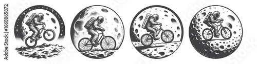 Vintage Hand-Drawn Astronaut Riding Bicycle on the Moon Illustration, Space Explorer Engraved Vector for Sci-Fi and T-Shirt Design