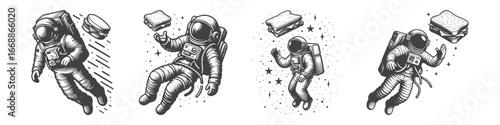 Vintage Hand-Drawn Astronaut with Sandwich Floating Away Illustration, Space Explorer Engraved Vector for Funny Sci-Fi and T-Shirt Design