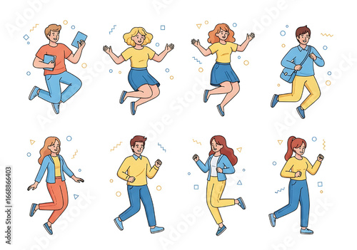 Happy cartoon people in colorful clothes. Several people in different poses and happy faces.