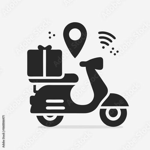Black And White Illustration of Scooter with Delivery Box and Location Icon