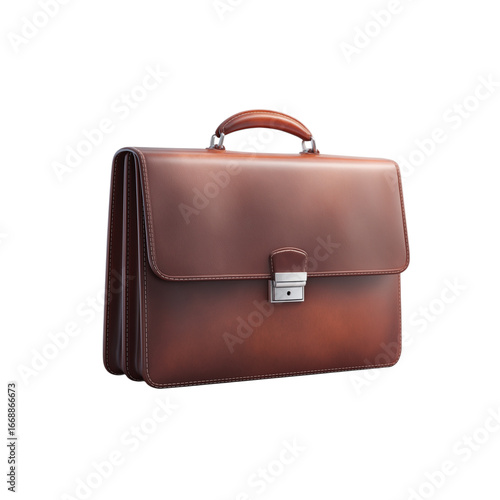 Classic brown leather briefcase with metal clasp isolated on transparent background
