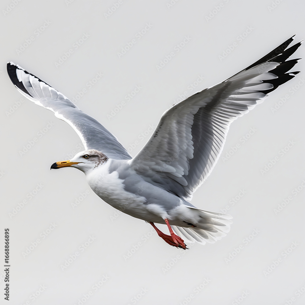 Fototapeta premium Seagull soars gracefully with wings spread against a neutral backdrop
