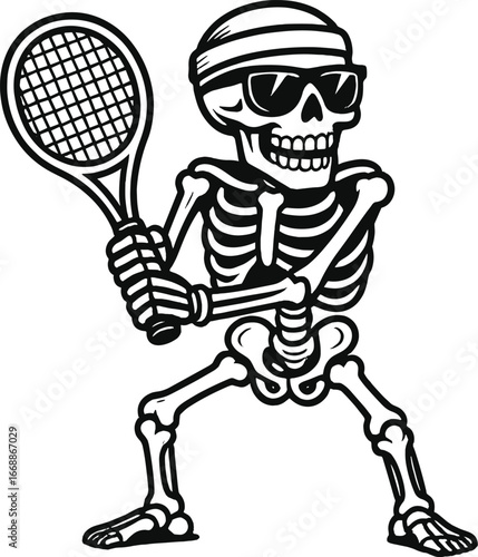 Cartoon Skeleton Ghost and Skull Playing Tennis with Racket and Ball, Fun Halloween Sports Illustration, Isolated on White Background