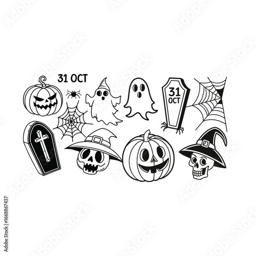 Halloween spooky icons set with pumpkins, skulls, ghosts, coffins, and spider webs