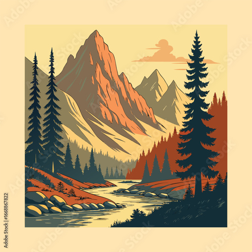 Vintage Mountain Landscape Illustration with River and Pine Forest