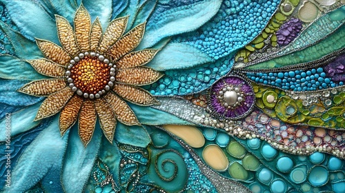 Beaded Floral Textile Art Teal & Gold Sunburst