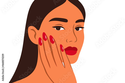 Young woman touching her face with red nails and lipstick woman with glossy red nails