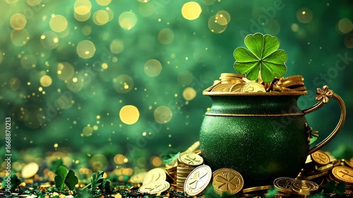 Green background and coins for St. Patrick's Day. Selective focus. Holiday.