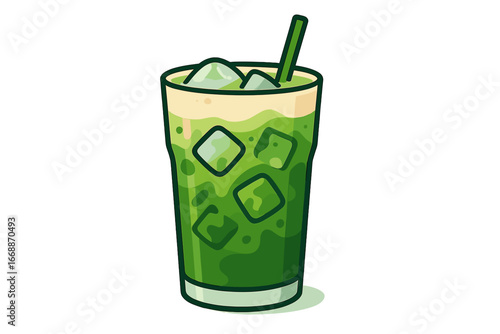 Iced green drink with ice cubes in a transparent glass iced matcha latte