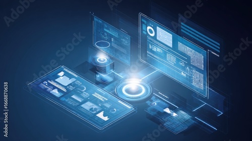 Wallpaper Mural Isometric Digital Interface: Futuristic Technology with Holographic Displays and Data Visualization in Blue Torontodigital.ca