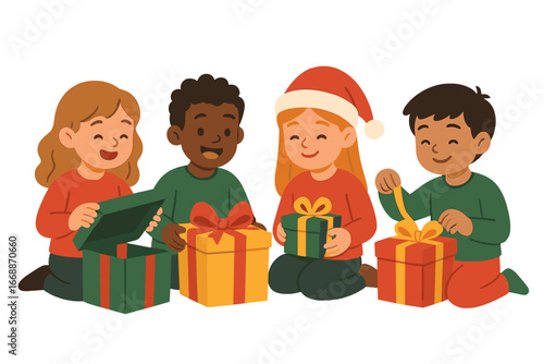 Children opening Christmas presents together while smiling and sitting kids opening christmas presents