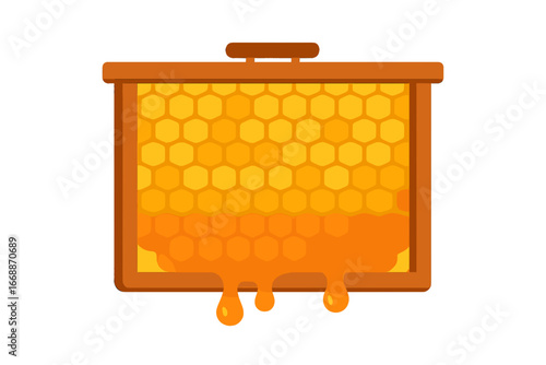 Honeycomb frame with dripping honey in flat design style beehive frame with honey
