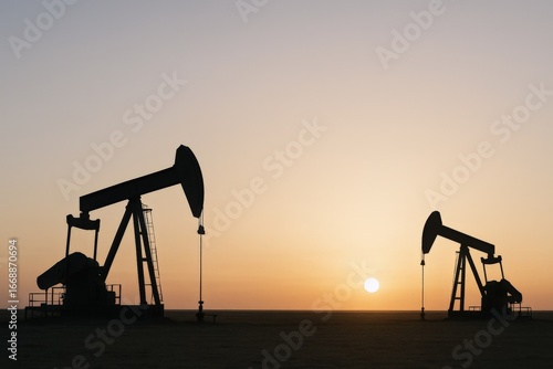 Silhouette of Oil Pumps Against a Vibrant Sunset Sky, Representing Energy Production and Fossil Fuels