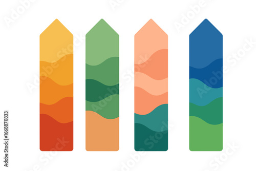 Colorful abstract wave pattern in four vertical strips painted bookmarks