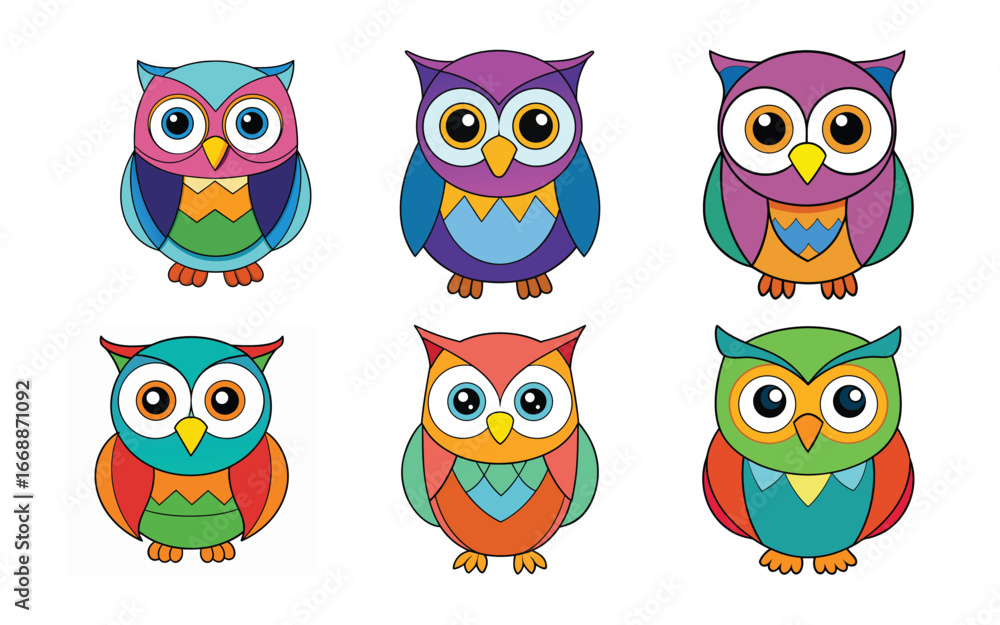 Fototapeta premium Six Colorful Cartoon Owls Illustration