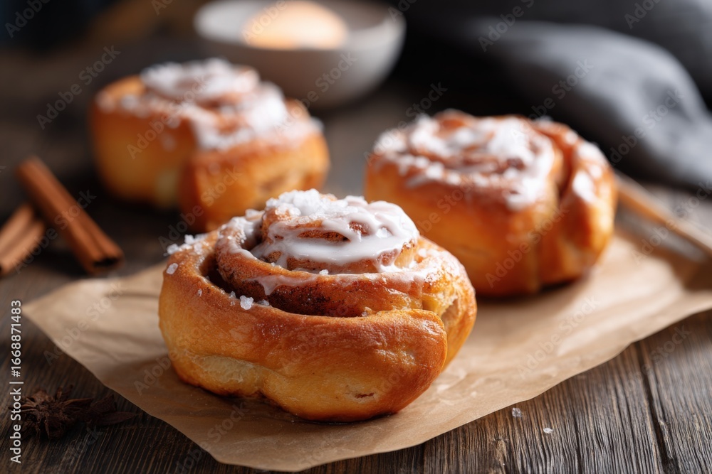 Delicious Cinnamon Rolls with Sweet Icing on Rustic Wooden Background, Sweet Treat Concept