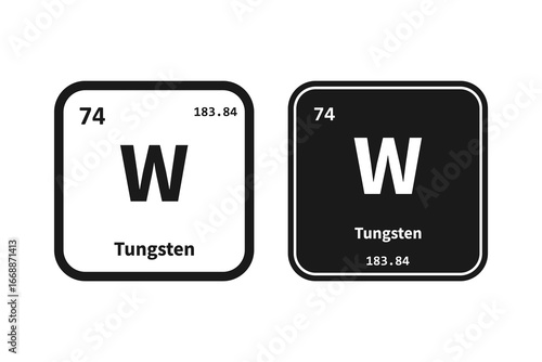 Tungsten, W, chemical periodic table element icon. The chemical element of the periodic table. Icon with molar mass and atomic number for lab, science or chemistry class.
