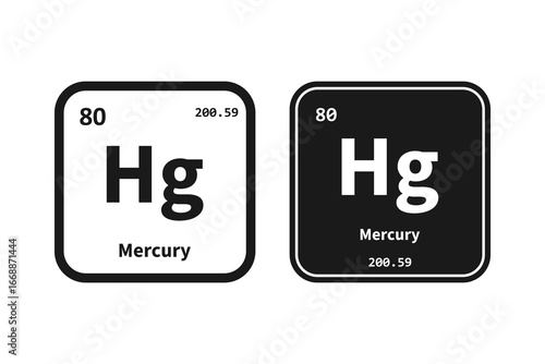 Mercury, Hg, chemical periodic table element icon. The chemical element of the periodic table. Icon with molar mass and atomic number for lab, science or chemistry class.