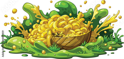 Cartoon bowl overflowing with golden pasta and green sauce splashes macaroni cheese