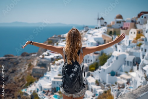 Woman Embracing Santorini View: Freedom and Travel in Greece with Whitewashed Buildings and Aegean Sea